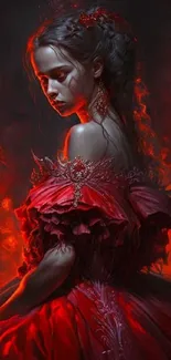 Portrait of a woman in a fiery red dress with a dramatic, dark background.