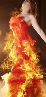 Woman in red dress engulfed in flames, artistic and dramatic.