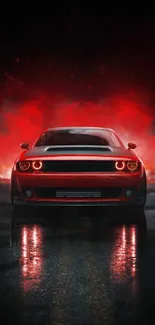 Fiery red muscle car with glowing headlights on a dark, reflective background.