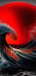 Red sphere with ocean wave in artistic design wallpaper.