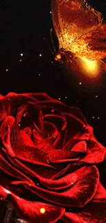 Fiery red rose with glowing butterfly on a dark backdrop.