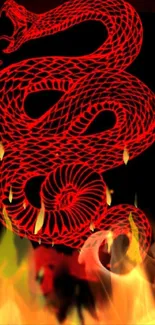 Fiery red snake with flames on a black background wallpaper.