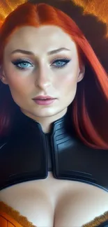 Red-haired woman in a futuristic outfit with intense gaze and fiery orange background.