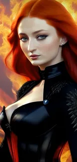 Fantasy art of a red-haired warrior with fiery elements on a wallpaper.