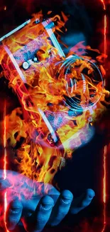 A retro camera with flames in an artistic mobile wallpaper.