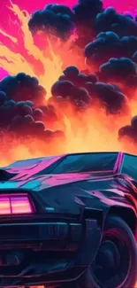 Retro sports car with fiery pink background bursting with vibrant energy.