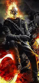 Flaming skull biker on motorcycle wallpaper.