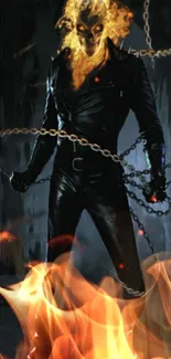 Fiery rider in leather with chains, surrounded by flames.