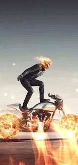 Rider on a motorcycle with fiery wheels, set against a gray backdrop.