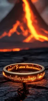 A glowing ring with volcanic eruption in the background, creating a fiery scene.