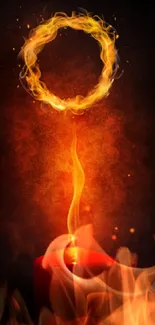 Fiery ring of flame above a glowing candle on a dark background.