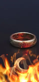 Fiery ring on a dark background with flames in foreground.