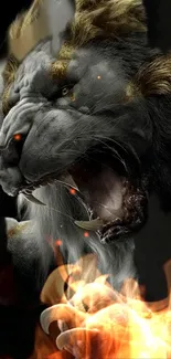 Roaring lion engulfed in flames, fierce and dynamic mobile wallpaper art.