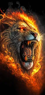 Roaring lion with fiery mane for mobile wallpaper.