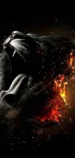 Roaring lion with fiery mane on a black background, perfect for mobile wallpaper.