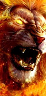 Roaring lion with fiery mane background.