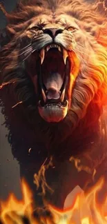 Roaring lion with flaming mane for mobile wallpaper.