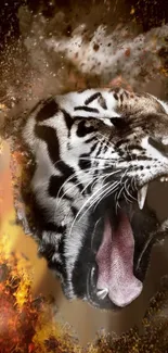 Fiery roaring tiger with flames wallpaper