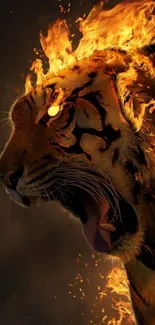 A powerful tiger with flames engulfing its body in a dynamic mobile wallpaper.