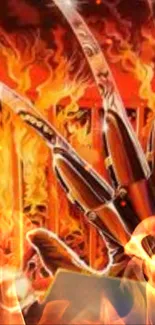 Mechanical claw engulfed in vibrant flames on a mobile wallpaper.