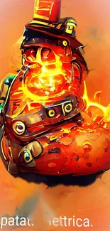 Fiery robotic potato with vibrant colors on a digital wallpaper.