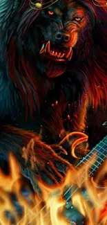 Fantasy beast playing guitar with flames and music notes.