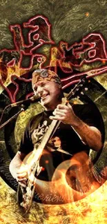 Guitarist performing with fiery effects in a dynamic rock-themed wallpaper.