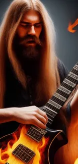 Guitarist with long hair playing a fiery guitar.