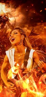 Fiery rock guitarist playing guitar in an intense, vibrant scene.