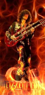 Fiery guitarist with red guitar and orange flames background.