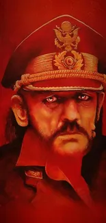 Fiery red portrait of a rock legend in military attire.