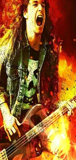 Fiery rock guitarist in vibrant, dynamic wallpaper.