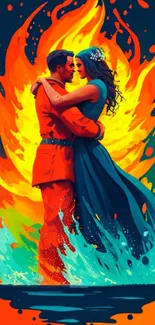 Romantic couple embraced amidst fiery and blue elements, symbolizing passionate contrast.