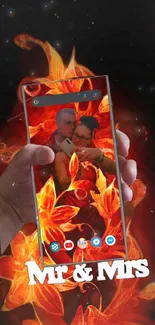 Fiery floral mobile wallpaper with romantic couple theme.