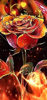 Fiery rose surrounded by glowing butterflies.