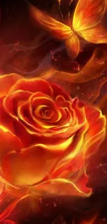 Fiery orange rose with glowing butterfly art.