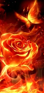 Fiery rose and butterfly in vivid flames.