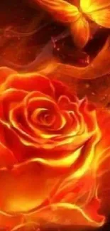 Fiery red-orange rose with a butterfly in flames.