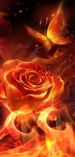 Fiery rose and butterfly with glowing flames.