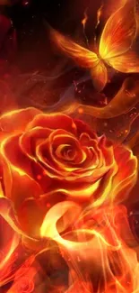 Fiery rose with butterfly on dark mobile wallpaper.