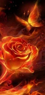 Fiery rose with butterfly and flames, vibrant colors.