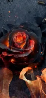 Wallpaper with a fiery black rose and flames on a dark background.