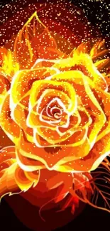 Fiery orange and yellow rose artwork on a dark background.