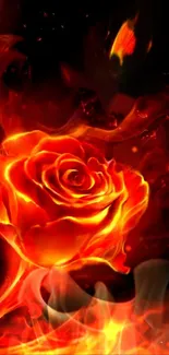 Fiery rose with vibrant flames on a dark background, dynamic mobile wallpaper.