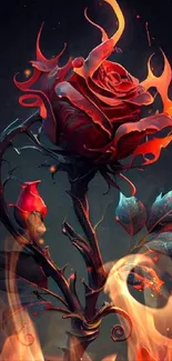 Fiery red rose with flames on dark background, artistic wallpaper.