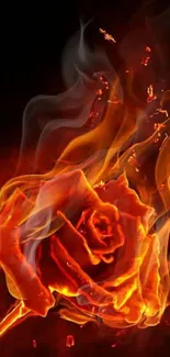 Fiery red rose surrounded by smoky flames.