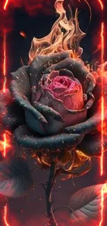 A digital artwork of a vivid rose engulfed in flames, set against a dark background.