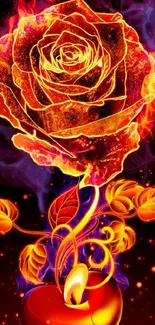 Fiery rose with glowing flames on a dark background, vibrant and unique design.