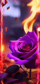 Vivid purple rose amid fiery flames, creating a fantasy art mobile wallpaper.