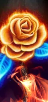 Fiery rose with glowing blue leaves, mystical background.